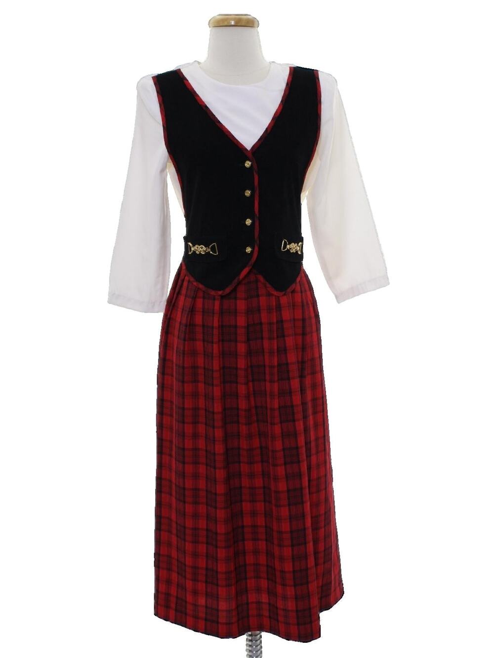 Vintage 80s Miss Dorby Plaid Faux Vest Pleated Midi Dress Women's Size 8